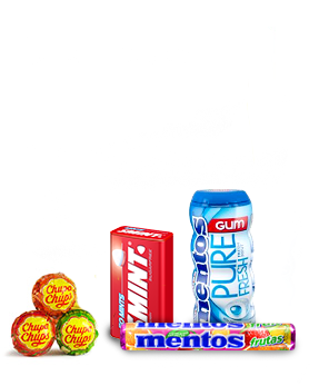 An image showcasing some of our products – Chupa Chups, Alpenliebe and Mentos